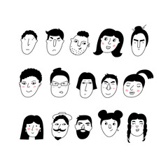 Doodle portraits girls and guys. Trendy hand drawn icon collection. Black and white vector illustration.