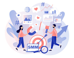 SMM concept. SMM course or school. Digital marketing, online advertising. Tiny people work social media managers. Modern flat cartoon style. Vector illustration on white background