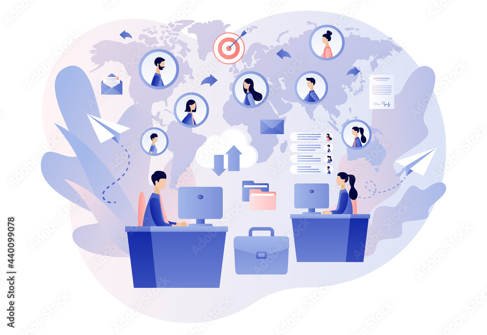 Aufkleber remote working. work from home. tiny people from around the world connecting and working online. fre