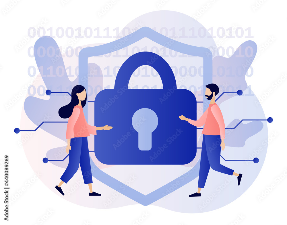 Poster cyber security. tiny people protection of computer services and electronic information. global netwo