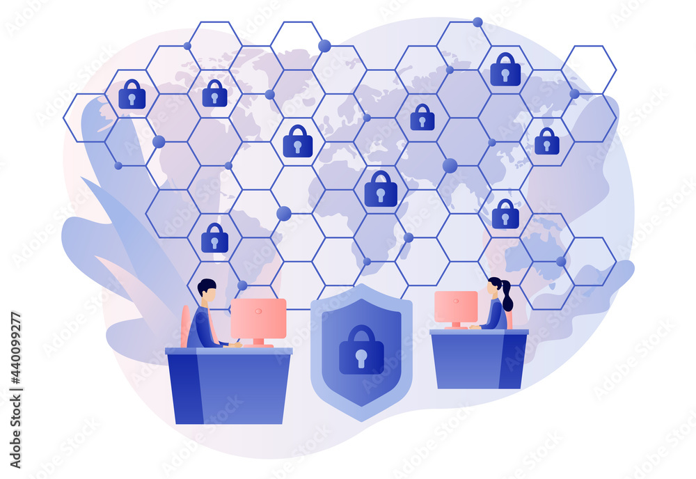 Poster global network security. cyber security. data protection. tiny people protection of computer service