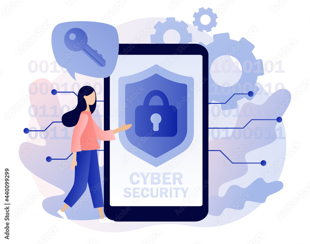 Poster cyber security - text on smartphone screen. global network security. data protection. tiny woman pro
