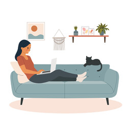 Young woman looking into a laptop and lying on sofa in the living room. Vector flat style illustration