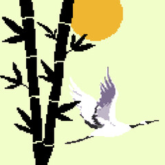 Pixel background. Pixel bamboo, crane and sun. Pixel art 8 bit vector illustration