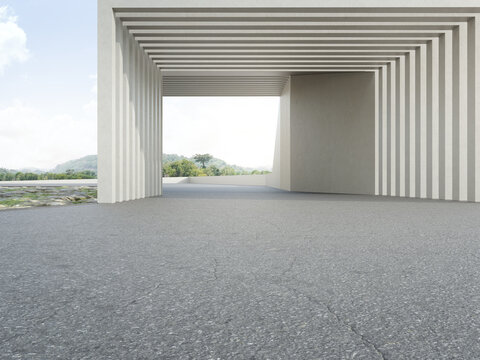 Abstract architecture design of modern building. Empty parking area floor and concrete wall with mountain and blue sky view. 3D rendering background for car scene.