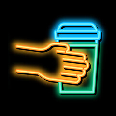 hand holding drink cup neon light sign vector. Glowing bright icon hand holding drink cup sign. transparent symbol illustration