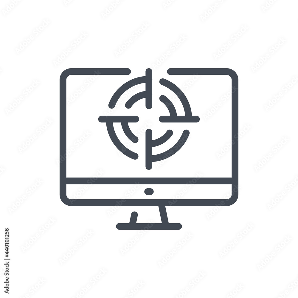 Poster online target audience analytics line icon. personal computer with target on monitor vector outline 