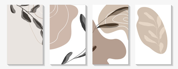 Fototapeta na wymiar Abstract rectangular backgrounds advertising covers, backgrounds. Banners for big discounts, sales. Gray, beige, white. Flowing lines and floral elements. Uneven spots. Vector illustration. 