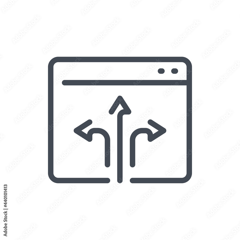 Poster online connection and application line icon. website page with three arrow with different direction 