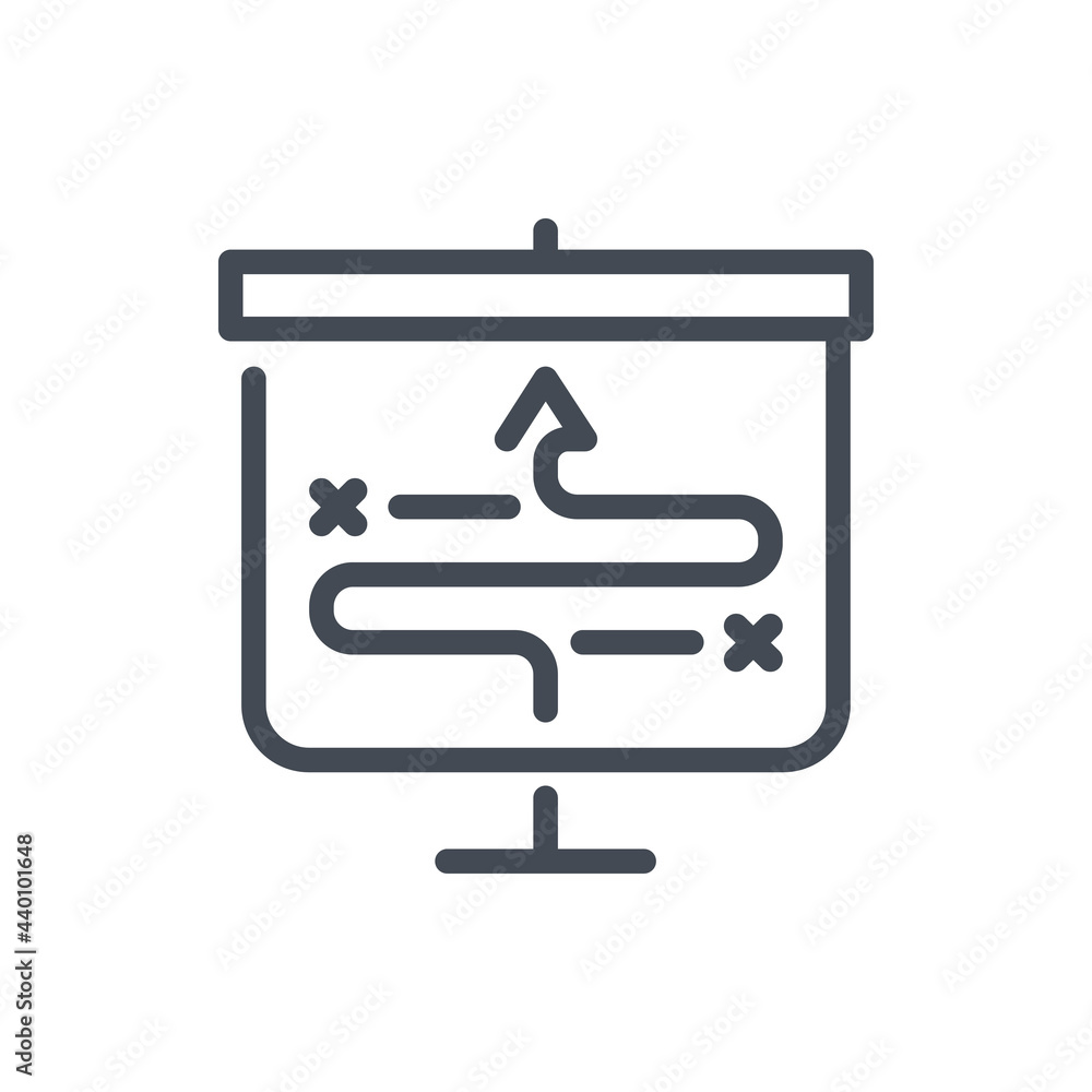 Poster strategy and tactics line icon. presentation board with arrow way path vector outline sign.