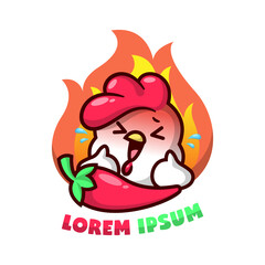CUTE CHICKEN WITH A BIG RED CHILI IS FEELING HOT. HIGH QUALITY CARTOON MASCOT DESIGN.  