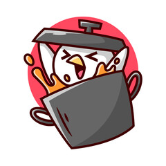 CUTE CHICKEN IN A BLACK BIG POT IS SMILING AND HOLDING THE POT LID. HIGH QUALITY CARTON MASCOT DESIGN.