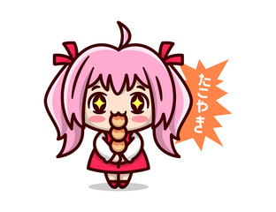 CUTE ANIME GIRL WITH PINK HAIR LOOK SO HAPPY WHEN EATING A STICK OF TAKOYAKI. HIGH QUALITY CARTOON MASCOT DESIGN.