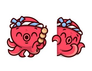CUTE RED OCTOPUS WEARING JAPANESE HEADBAND AND BRINGING  TAKOYAKI IN TWO DESIGN OPTION. HIGH QUALITY CARTOON MASCOT DESIGN.