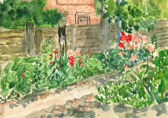 Fototapeta na wymiar Watercolor image of path walk near village house with flower beds and trees on summer sunny day