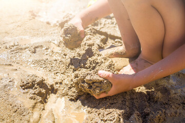 Barefeet kid playing with wet sand. Little boy kneads and models mud on summer sunny day.