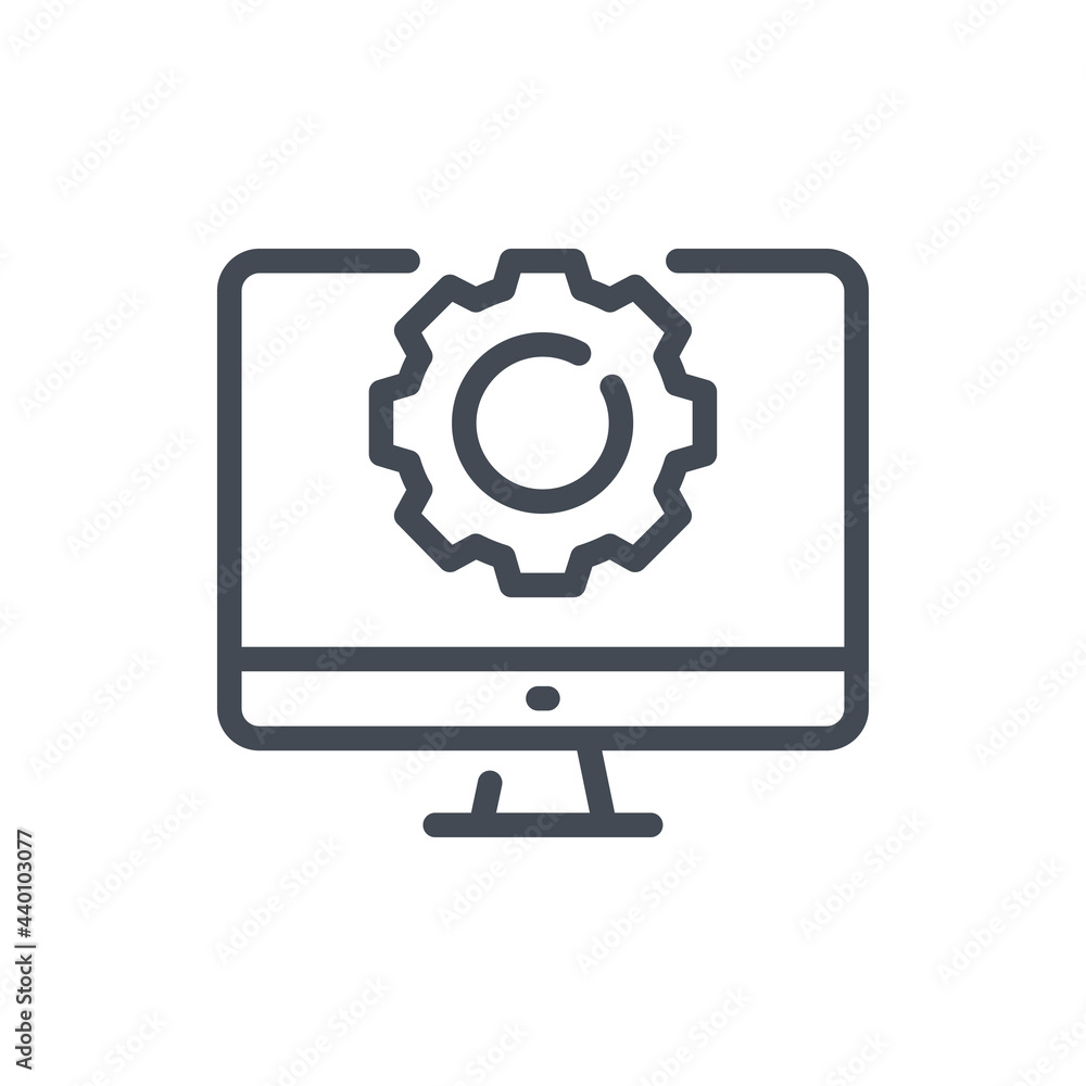 Aufkleber settings and maintenance line icon. computer with gear on monitor vector outline sign.
