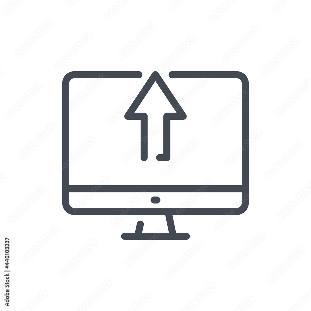 Poster upload from computer line icon. pc with arrow up vector outline sign.