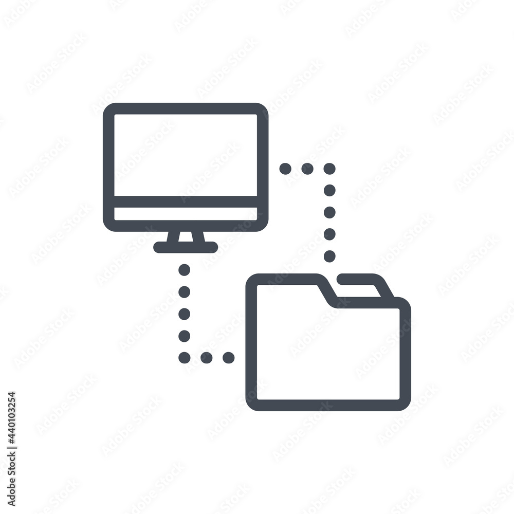 Fototapete Transfer data from computer to folder line icon. PC with connection to file folder vector outline sign.