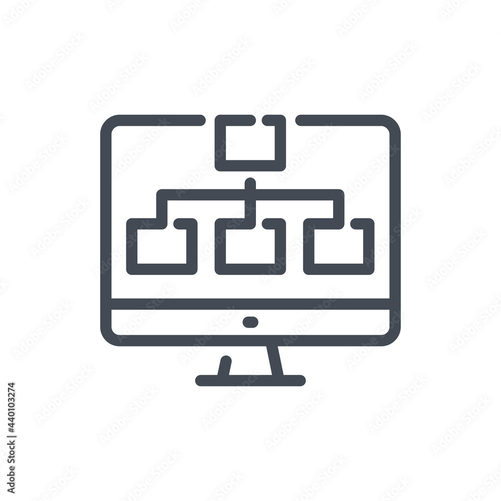 Poster sitemap and structure line icon. computer with hierarchy tree vector outline sign.