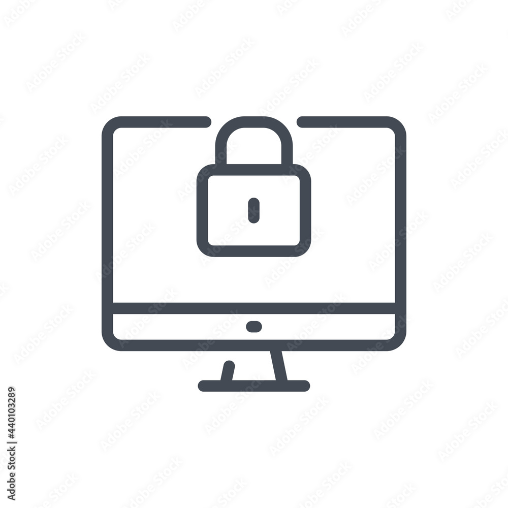 Poster internet security and protection line icon. computer with lock vector outline sign.