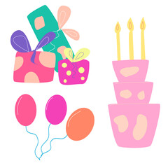 A set of elements for the holiday with cake gifts and balloons.