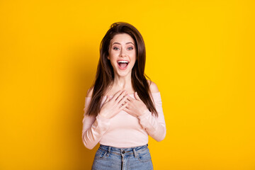 Photo of cute impressed young woman dressed off-shoulders sweater smiling pointing arms herself isolated yellow color background