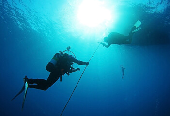 A silhouetted scuba diver against the background of the sun, holds on to the drop line from his...