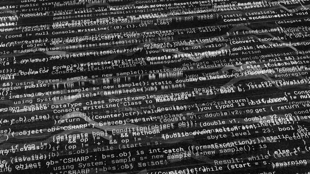 Black and white background from program text. Animation. Program solid text with changing characters on black background. Programming with text codes and ciphers
