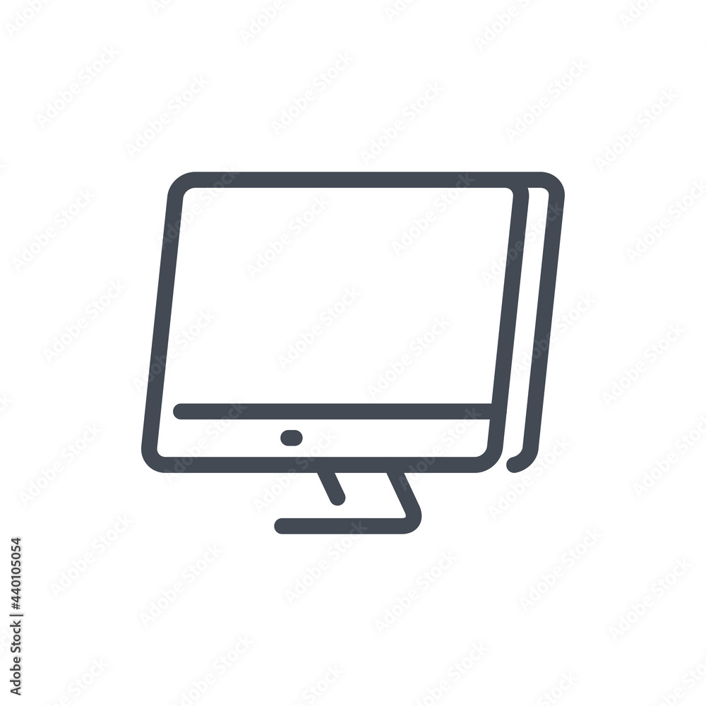 Poster computer monitor with side view line icon. pc display vector outline sign.