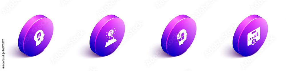 Poster set isometric human with lamp bulb, mountains flag, head puzzles strategy and key performance indica