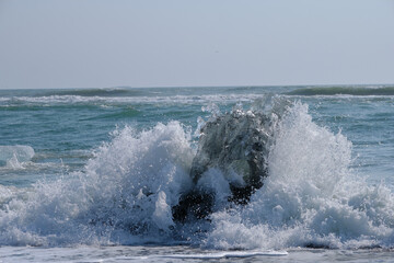 Fototapeta premium Ice Floes and chunks wash up on pristine black sand beaches on the southern Iceland Coast from melting and calved glaciers