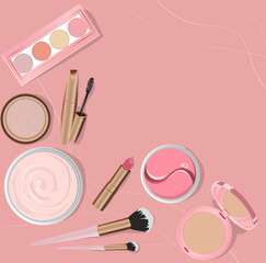 Illustration of decorative and care cosmetics on a pink background. Cream, Patches, Mascara, Eye shadow, Highlighter, Powder, Brushes, Lipstick