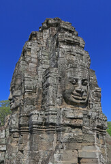 Smiling Faces of Bayon temple in Angkor Thom ancient ruin near Angkor Wat, Siem Reap, Cambodia. Prasat Bayon Is a Richly Decorated Khmer Temple