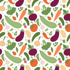 Seamless pattern with a variety of summer vegetables. Colorful vegetables in a simple cartoon style on a white background.