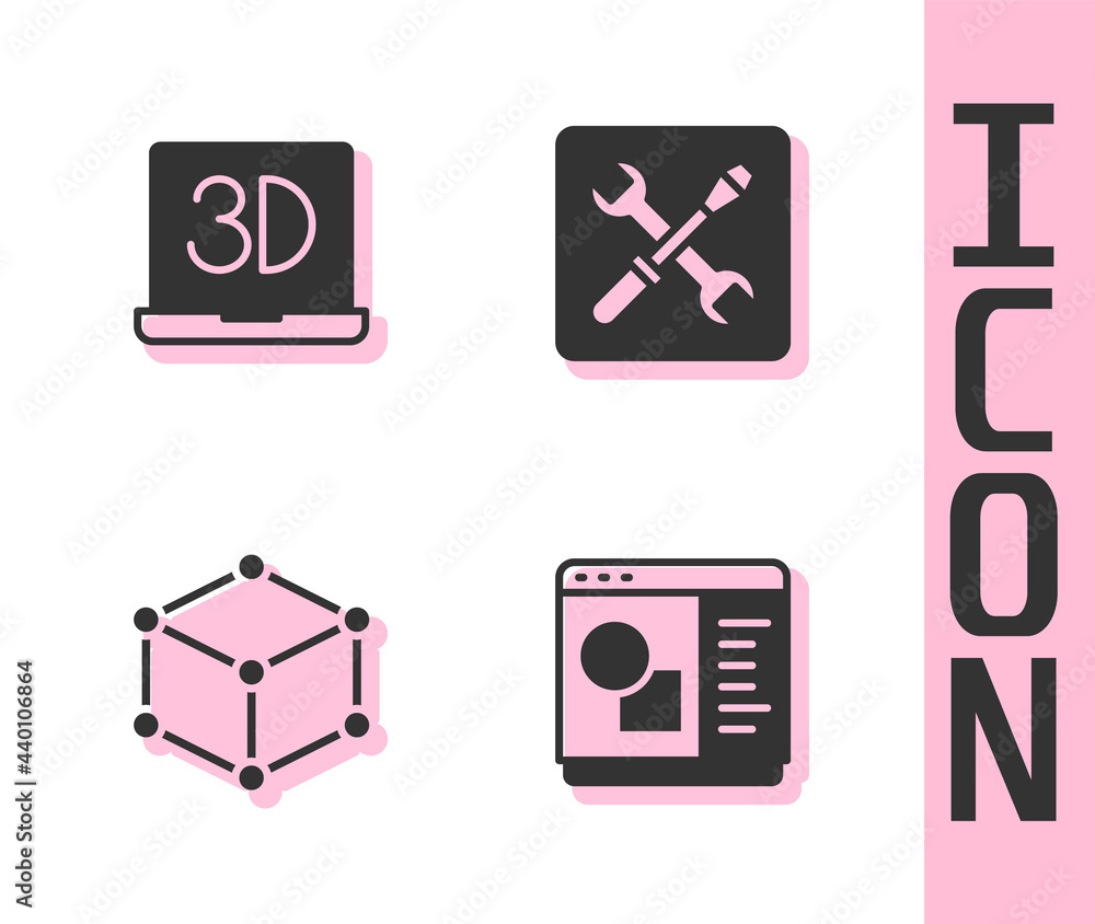 Poster set 3d printer software, , isometric cube and setting icon. vector