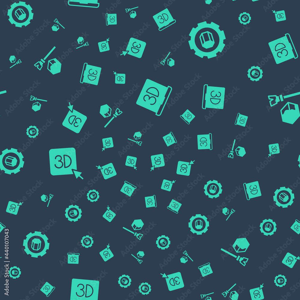 Poster set 3d printer, setting, and isometric cube on seamless pattern. vector