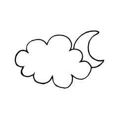 Doodle crescent moon and cloud on white background.VECTOR MONTH CAN BE USED IN TEXTILES, COLORING PAGES.