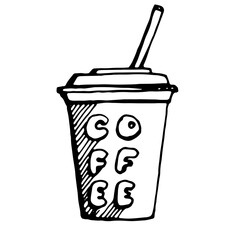 coffee in a  paper cup with straw, vector on transparent background