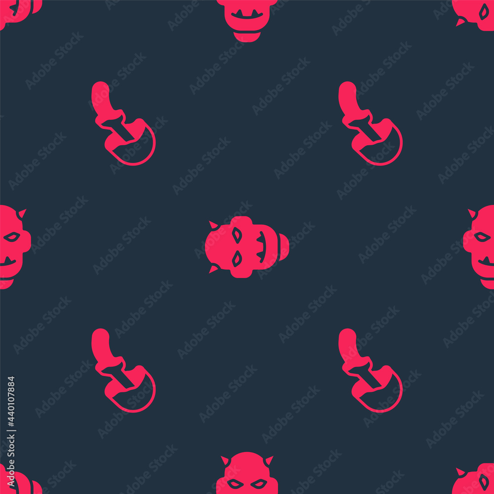 Poster set psilocybin mushroom and mask of the devil with horns on seamless pattern. vector