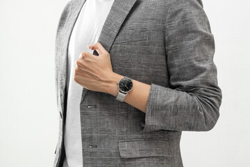 Young men wearing wrist watch in casual clothing lifestyle