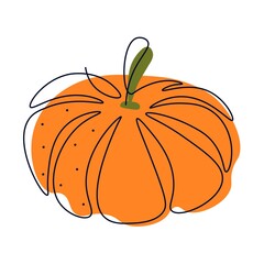 Pumpkin minimalistic style. Continuous drawing style. Pumpkin contour with color. Drawing a single line in an abstract style. Illustration for logo, poster or icon. Flat vector isolated background.