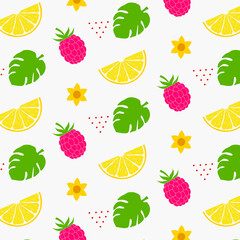 Seamless pattern with raspberries, tropical leaves, lemon wedges, flowers. 