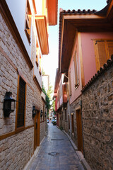 Fototapeta na wymiar Street of Historic Turkish Houses of Old Town at Antalya Kaleici, Turkey.
