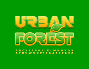 Vector fresh sign Urban Forest with Decorative Leaf. Bright trendy Font. Modern set of Alphabet Letters and Numbers