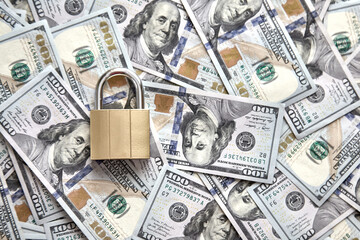 Financial security. padlock on the background of money The concept of storing and protecting saving money