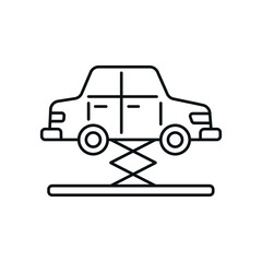 Vehicle and jack linear icon. Car service. Thin line customizable illustration. Contour symbol. Vector isolated outline drawing. Editable stroke