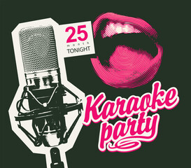 Vector music poster for karaoke party with a studio microphone, a singing mouth and a pink calligraphic inscription on a black background. Suitable for advertising poster, banner, flyer, invitation - obrazy, fototapety, plakaty