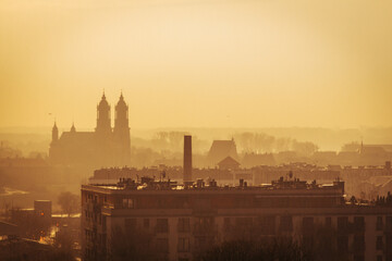foggy morning streets of the city of Poznan in Poland