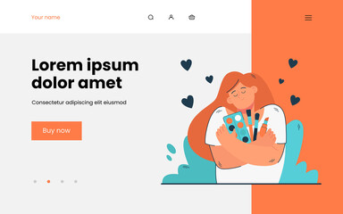 Happy girl hugging cosmetic supplies. Flat vector illustration. Woman being in good mood and holding brushes, eyeshadow palette, lipstick for makeup. Beauty, cosmetic, face painting, makeup concept